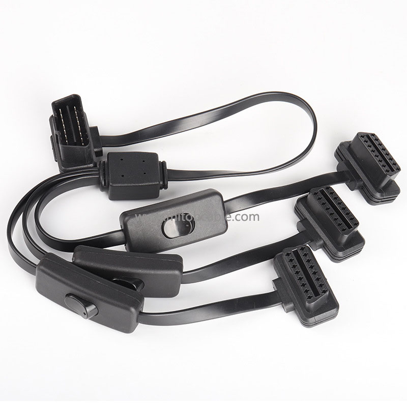 Ultra-thin automotive obd2 one in three flat cable with switch connecting cable OBD extension cable 16 pins 8 cores 60cm 