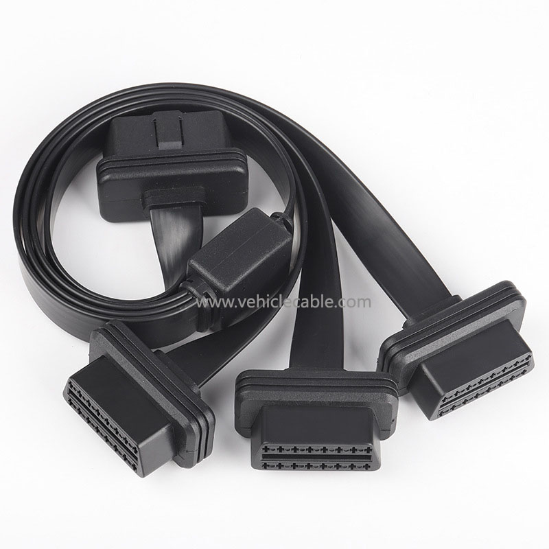 Automotive OBD2 one tow three connecting cable straight head one point three flat cable extension cable 16 pins 16 core 0.5M manufacturer 