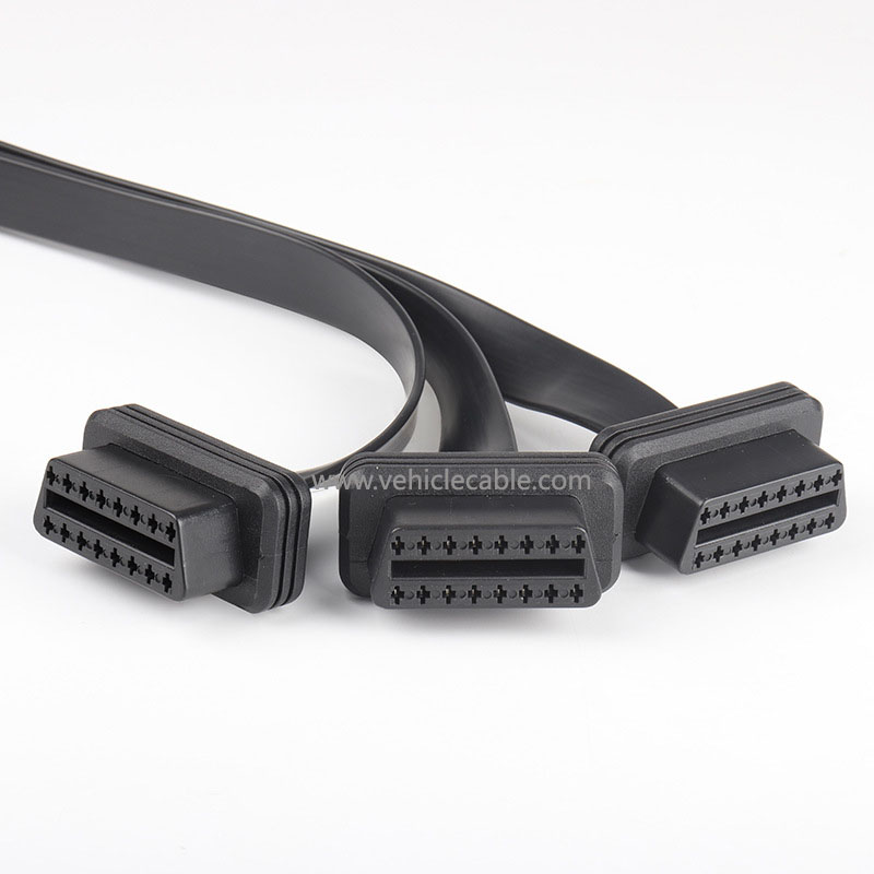 Automotive OBD2 one tow three connecting cable straight head one point three flat cable extension cable 16 pins 16 core 0.5M manufacturer 
