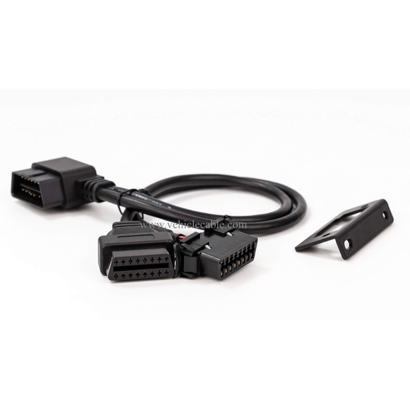 YPP Angled Universal Full 16pin OBD2 OBD II Splitter Extension Y Cable Dual Female with Indash Bracket for GPS Tracker Diagnostic Reader 