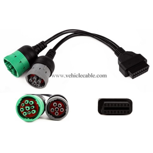 OBD to Type 2 Green9p J1939 and 6p J1708 Split Y Cable for Diesel Truck Diagnostics