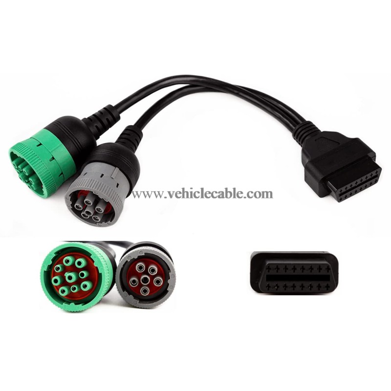 OBD to Type 2 Green9p J1939 and 6p J1708 Split Y Cable for Diesel Truck Diagnostics 