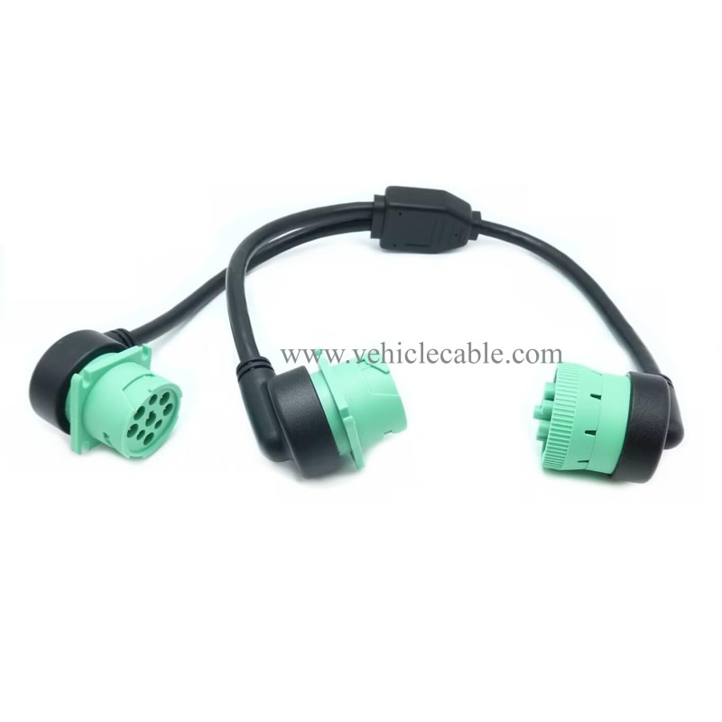 WBLD Right Angle Overmolded J1939 Male to 2 Female J1939 Green Type 2 Splitter Y Cable 