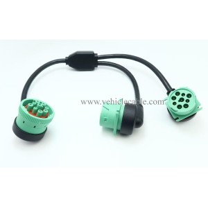 WBLD Right Angle Overmolded J1939 Male to 2 Female J1939 Green Type 2 Splitter Y Cable 