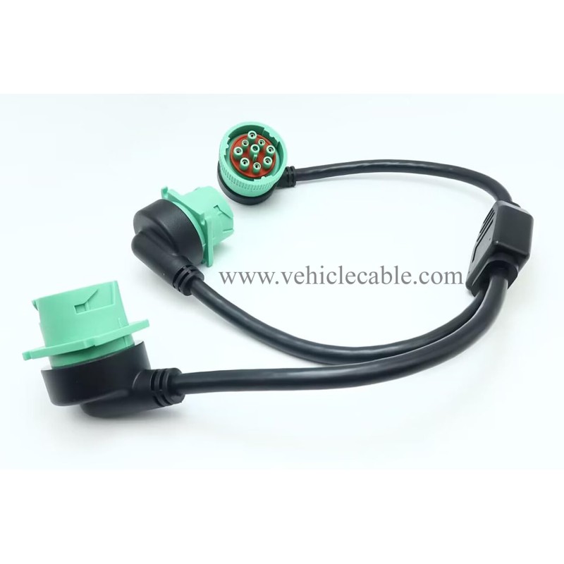 WBLD Right Angle Overmolded J1939 Male to 2 Female J1939 Green Type 2 Splitter Y Cable 
