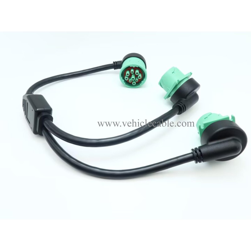 WBLD Right Angle Overmolded J1939 Male to 2 Female J1939 Green Type 2 Splitter Y Cable 