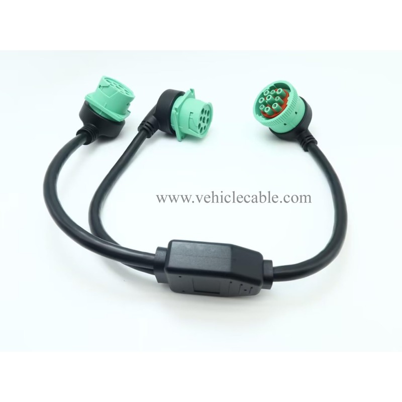 WBLD Right Angle Overmolded J1939 Male to 2 Female J1939 Green Type 2 Splitter Y Cable 