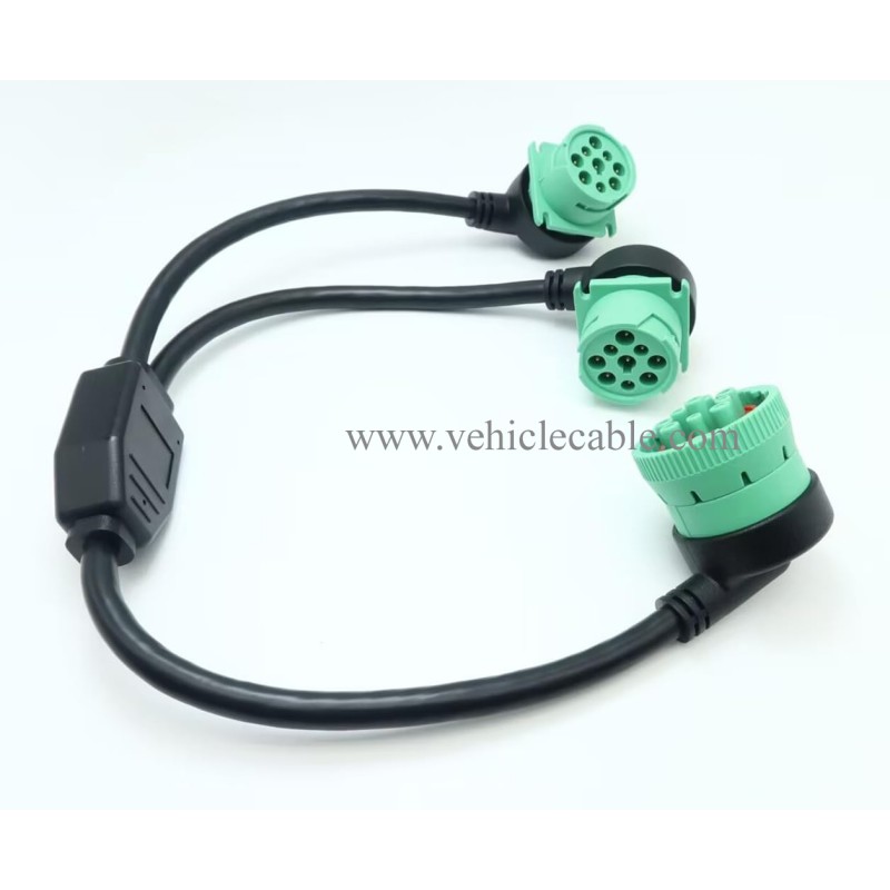 WBLD Right Angle Overmolded J1939 Male to 2 Female J1939 Green Type 2 Splitter Y Cable 