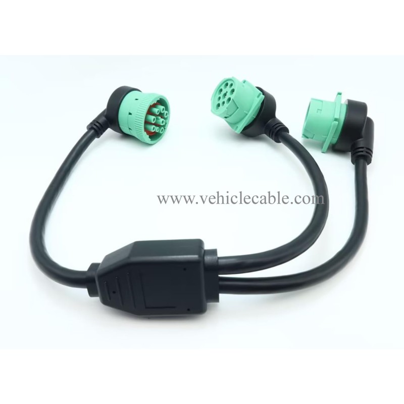 WBLD Right Angle Overmolded J1939 Male to 2 Female J1939 Green Type 2 Splitter Y Cable 
