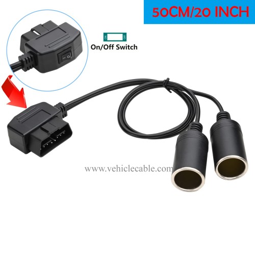 OLLGEN 50cm/1.64ft Right Angle OBD2 Male to Cigarette Lighter Dual Female Connector with Switch Vehicle Car Memory Saver Power Supply Cable