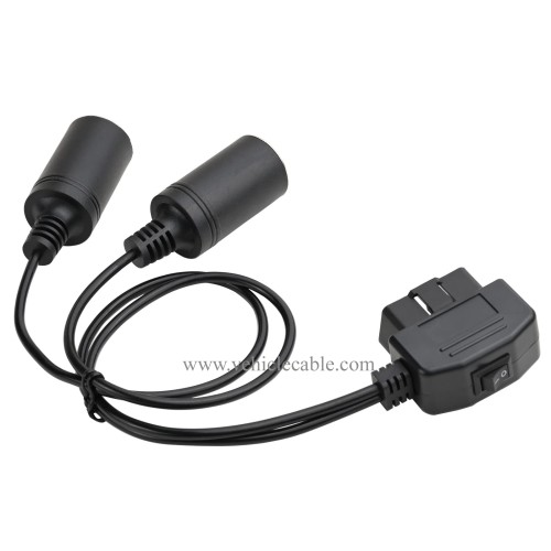 OLLGEN 50cm/1.64ft Right Angle OBD2 Male to Cigarette Lighter Dual Female Connector with Switch Vehicle Car Memory Saver Power Supply Cable