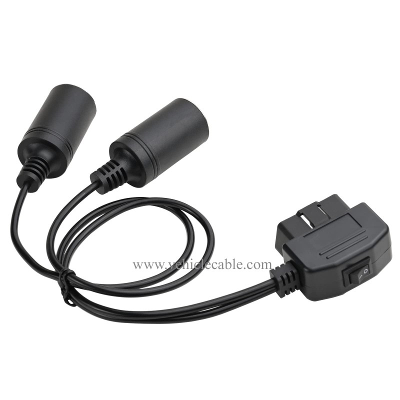 OLLGEN 50cm/1.64ft Right Angle OBD2 Male to Cigarette Lighter Dual Female Connector with Switch Vehicle Car Memory Saver Power Supply Cable 