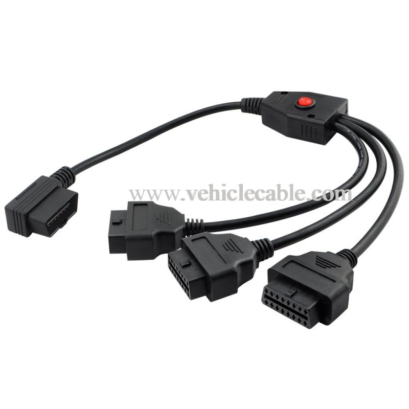 OLLGEN 50cm / 20" Right Angle Ultra Low Profile OBD2 Male to 3 Female OBDII 16 Pin Y Splitter Cord Diagnostic Extension Cable with Power Switch