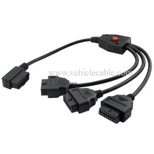OLLGEN 50cm / 20" Right Angle Ultra Low Profile OBD2 Male to 3 Female OBDII 16 Pin Y Splitter Cord Diagnostic Extension Cable with Power Switch 