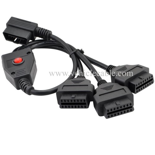 OLLGEN 50cm / 20" Right Angle Ultra Low Profile OBD2 Male to 3 Female OBDII 16 Pin Y Splitter Cord Diagnostic Extension Cable with Power Switch