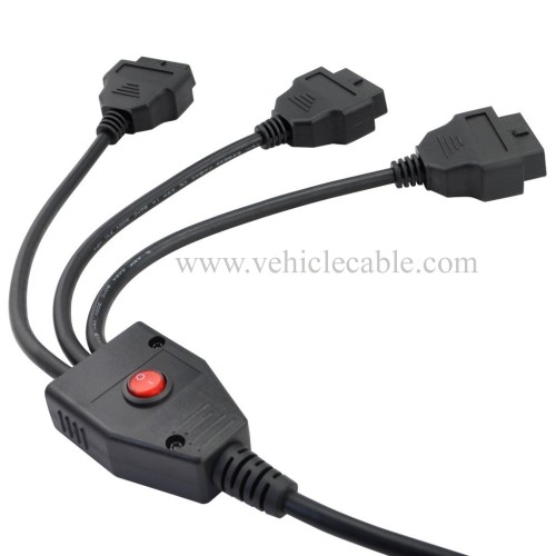 OLLGEN 50cm / 20" Right Angle Ultra Low Profile OBD2 Male to 3 Female OBDII 16 Pin Y Splitter Cord Diagnostic Extension Cable with Power Switch