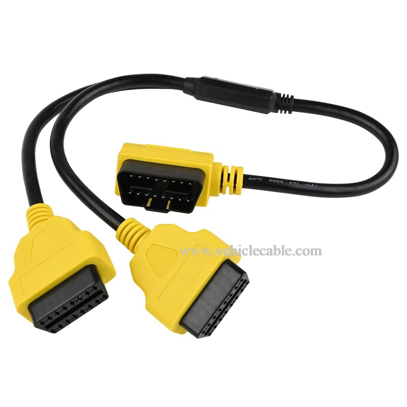 OLLGEN 1.64ft Feet 50cm/20 inch Full 16 Pin OBD2 OBD II Y Splitter Cable Right Angle Male to Dual Female J1962 Ports Extension Connector Adapter Yellow 