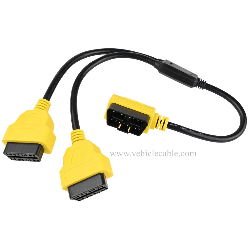 OLLGEN 1.64ft Feet 50cm/20 inch Full 16 Pin OBD2 OBD II Y Splitter Cable Right Angle Male to Dual Female J1962 Ports Extension Connector Adapter Yellow 