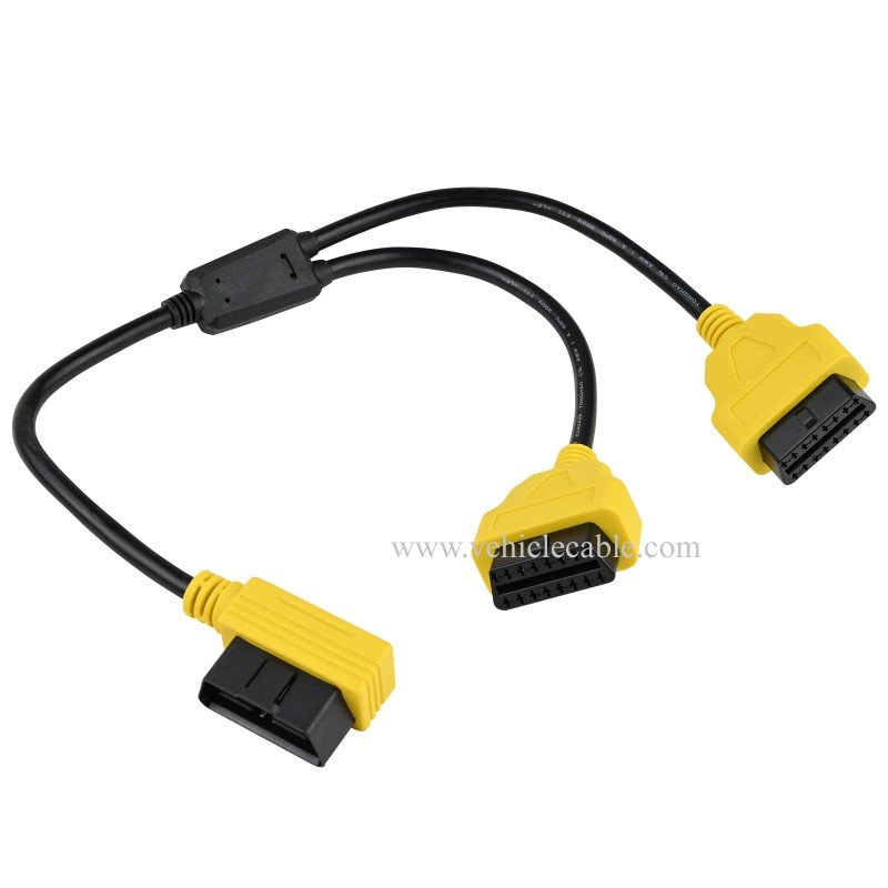 OLLGEN 1.64ft Feet 50cm/20 inch Full 16 Pin OBD2 OBD II Y Splitter Cable Right Angle Male to Dual Female J1962 Ports Extension Connector Adapter Yellow 