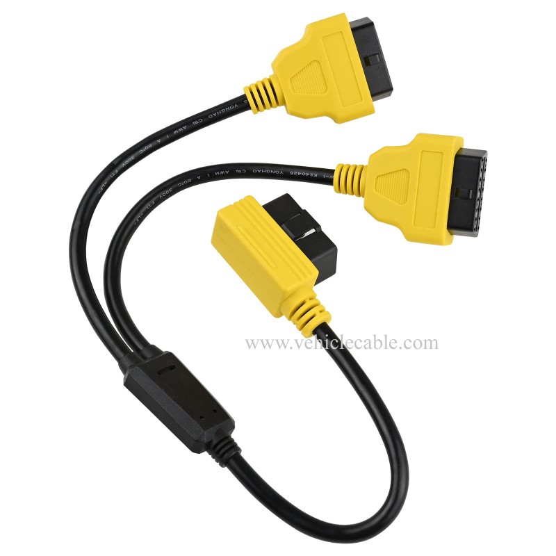 OLLGEN 1.64ft Feet 50cm/20 inch Full 16 Pin OBD2 OBD II Y Splitter Cable Right Angle Male to Dual Female J1962 Ports Extension Connector Adapter Yellow 