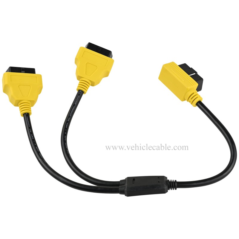 OLLGEN 1.64ft Feet 50cm/20 inch Full 16 Pin OBD2 OBD II Y Splitter Cable Right Angle Male to Dual Female J1962 Ports Extension Connector Adapter Yellow 
