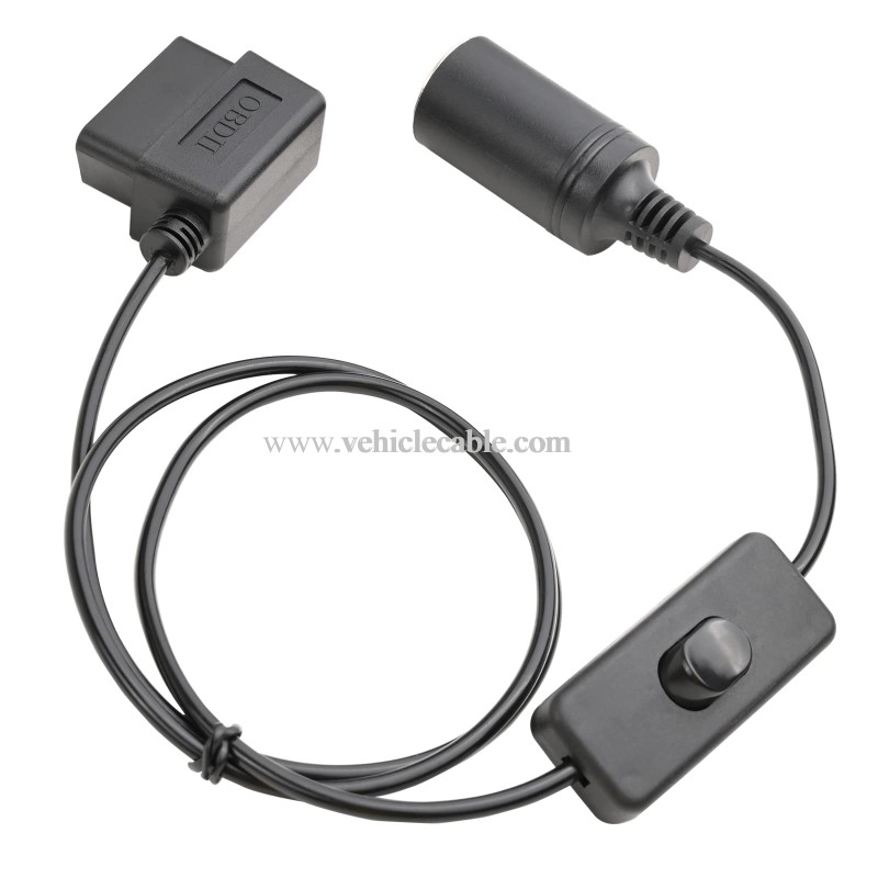 OLLGEN 1M/3.3ft Right Angle 1M/3.3ft OBD2 Male to Cigarette Lighter Female Connector with Switch OBD II Car Memory Saver Power Supply Cable Black
