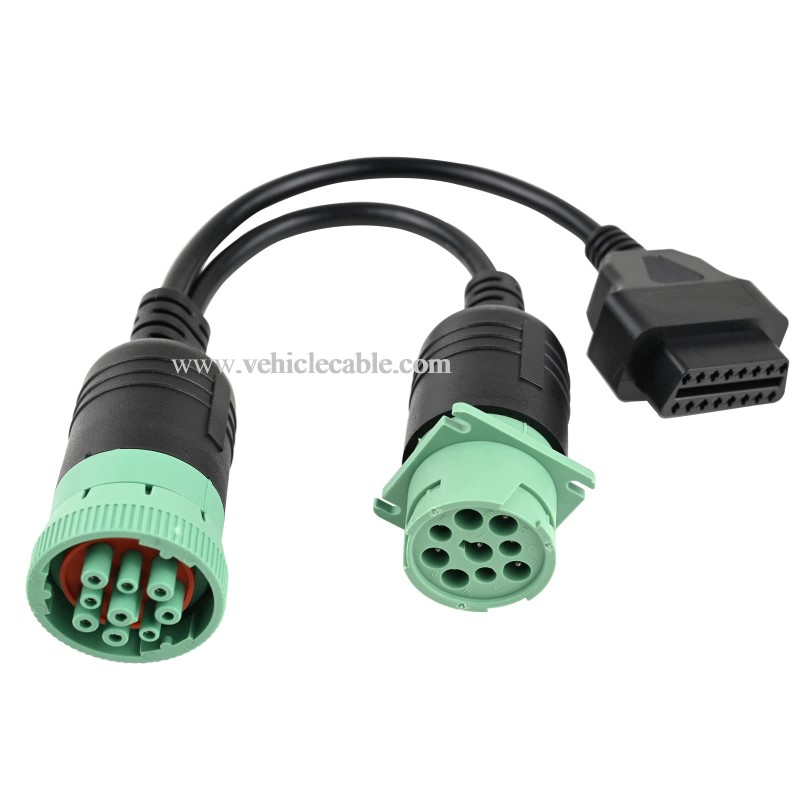OLLGEN 1ft 30cm/12in Male J1939 9 Pin to J1939 Female and OBD2 16 Pin J1962 Female OBD2 Truck Diagnostic Scanner Cable Adapter for Diesel Engine (J1939 Male to OBD2 Female to 9 Pin Female) 