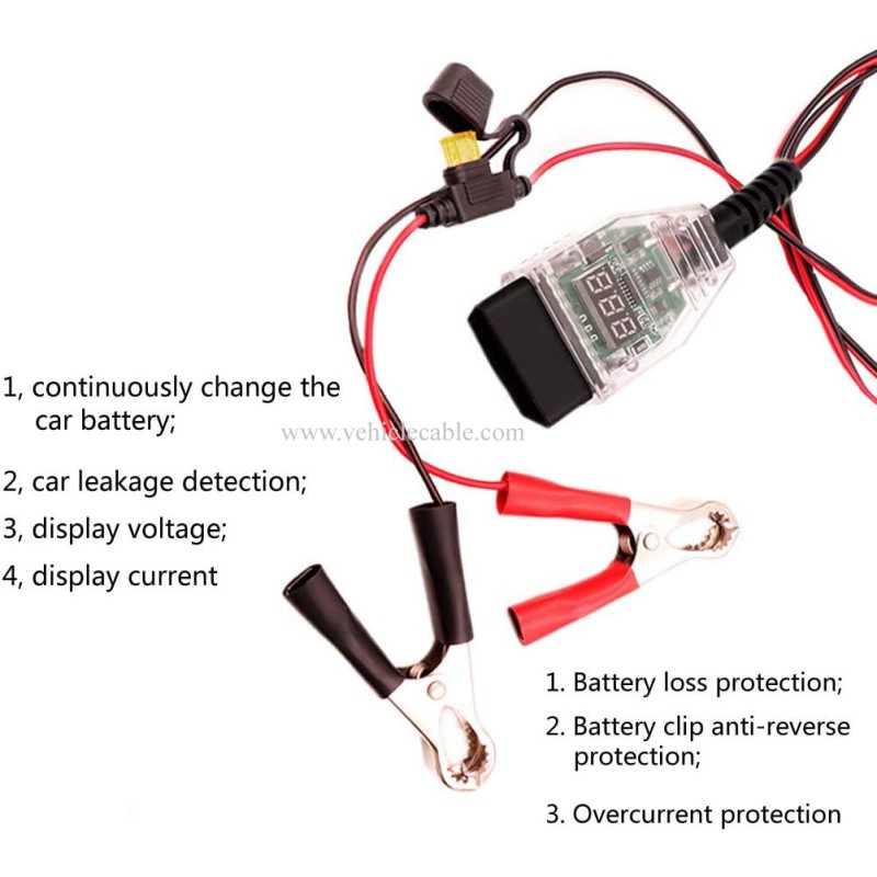 OLLGEN 1.5M 5ft OBD2 Automotive Battery Replacement Tool,OBD to 12V Auto Car Computer Power Off Memory Saver Cable,Digital Display OBD II Battery Leakage Detective Kit wth 5A Fuse 