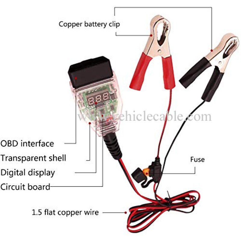 OLLGEN 1.5M 5ft OBD2 Automotive Battery Replacement Tool,OBD to 12V Auto Car Computer Power Off Memory Saver Cable,Digital Display OBD II Battery Leakage Detective Kit wth 5A Fuse 