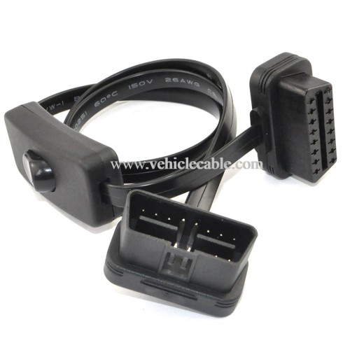 OLLGEN OBD 2 Cable Cord,Ultra Slim 16 pin M/F OBDII Extension Cable with Power Switch,Diagnostic Flat Cord Adapter Connector,70cm / 2.3feet