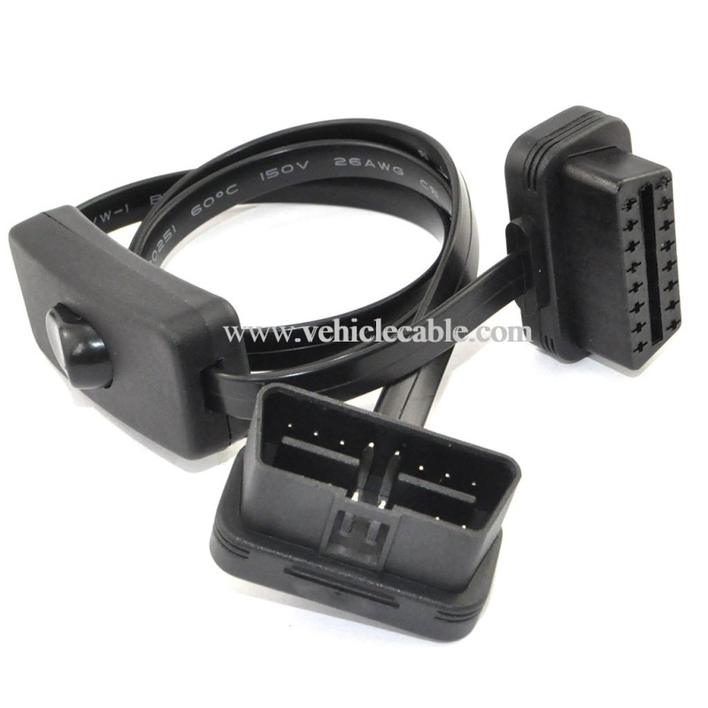OLLGEN OBD 2 Cable Cord,Ultra Slim 16 pin M/F OBDII Extension Cable with Power Switch,Diagnostic Flat Cord Adapter Connector,70cm / 2.3feet 