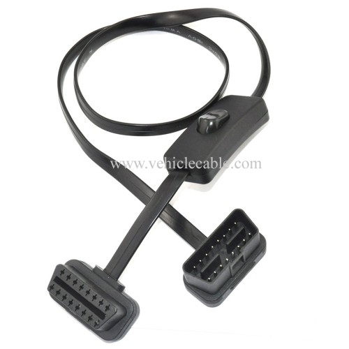 OLLGEN OBD 2 Cable Cord,Ultra Slim 16 pin M/F OBDII Extension Cable with Power Switch,Diagnostic Flat Cord Adapter Connector,70cm / 2.3feet
