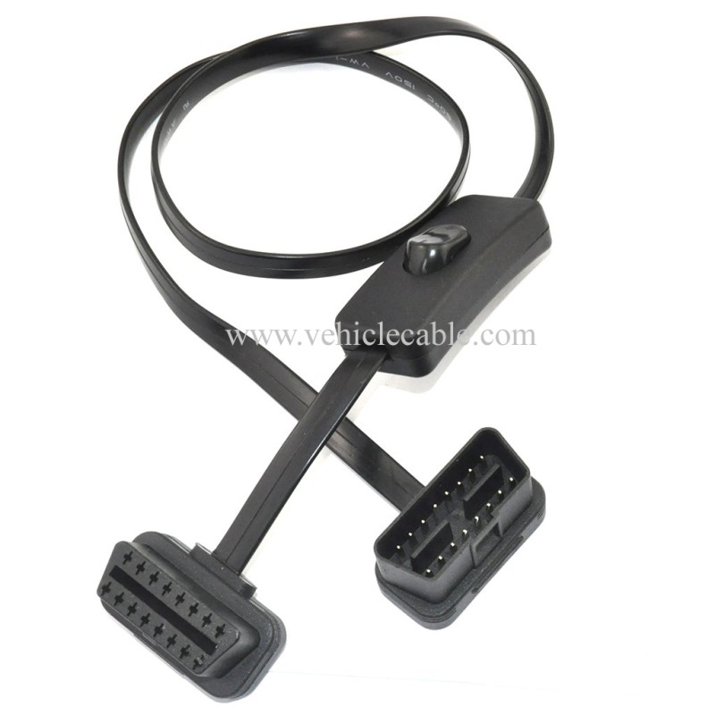OLLGEN OBD 2 Cable Cord,Ultra Slim 16 pin M/F OBDII Extension Cable with Power Switch,Diagnostic Flat Cord Adapter Connector,70cm / 2.3feet 
