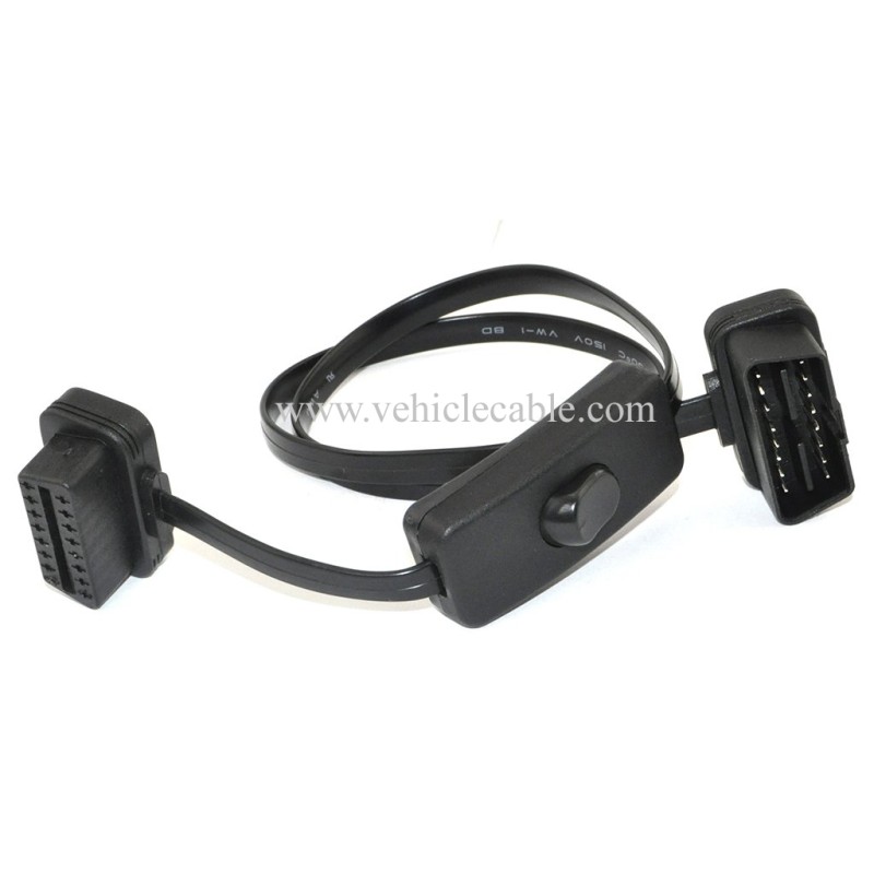 OLLGEN OBD 2 Cable Cord,Ultra Slim 16 pin M/F OBDII Extension Cable with Power Switch,Diagnostic Flat Cord Adapter Connector,70cm / 2.3feet 