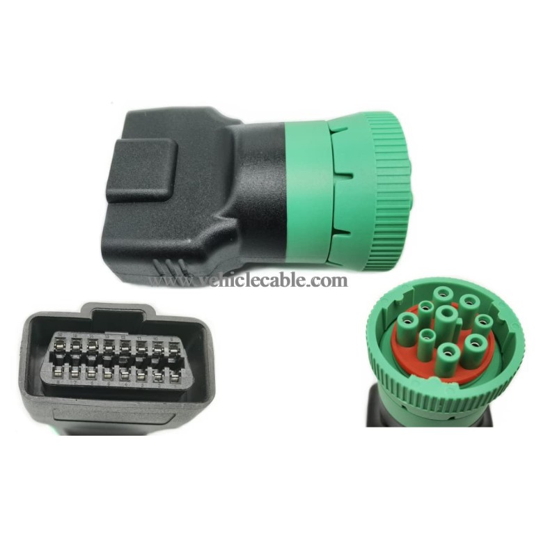 Type 2 Green 9pin J1939 to OBD2 16pin J1962 Female Adapter 
