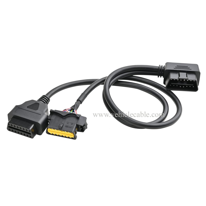 OLLGEN 50cm 20" Right Angle OBD2 OBD II Full 16 Pin Male Y Open Splitter Connector, J1962 Male to 2 Female Thick Wire Cable Adapter Extension Cord for GPS Tracker 