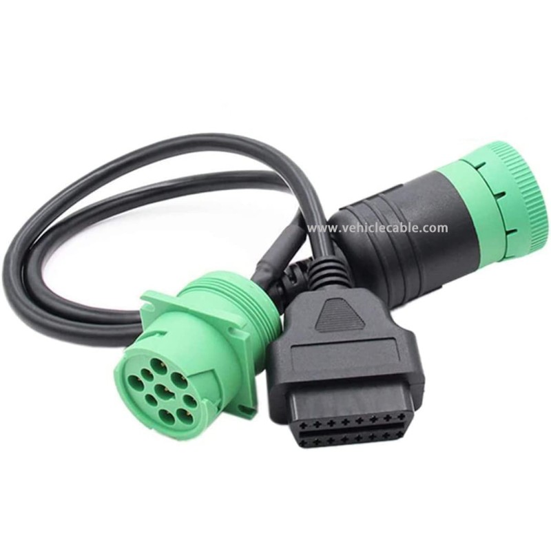 LEIMO 9 Pin to OBD2 Interface Truck Y-j1939 obd2 Cable Adapter OBDII Y Splitter Truck GPS 16Pin Male to Female J1939 Diagnostic Scanner Cable Adapter Green Deutsch Connector