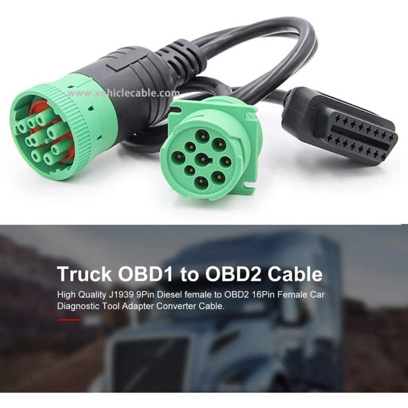 LEIMO 9 Pin to OBD2 Interface Truck Y-j1939 obd2 Cable Adapter OBDII Y Splitter Truck GPS 16Pin Male to Female J1939 Diagnostic Scanner Cable Adapter Green Deutsch Connector 